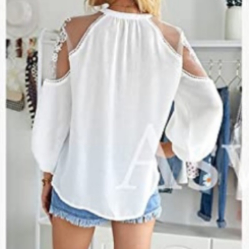 Womens White Vneck Crochet Lace accent blouse various sizes NWT - Picture 4 of 6